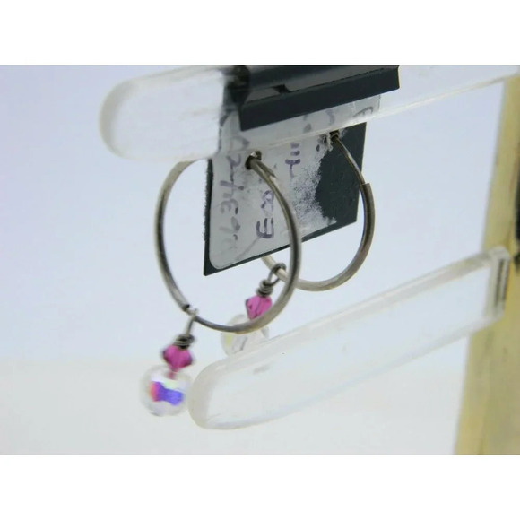 NOS Sterling Silver Pink Clear Australian AB Crystal Hoop Earrings - Picture 4 of 4